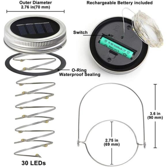 Solar Mason Jar Lights - 8 Pack 30 LED Solar Fairy Lights Outdoor, Waterproof - Picture 6 of 7